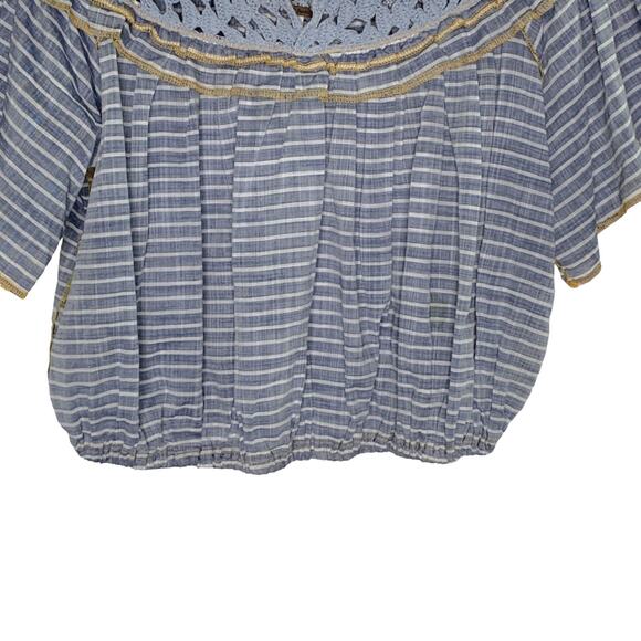 Free People S Womens Blue Allora Striped Blouse Crochet Detail Peasant Boho - Picture 6 of 10